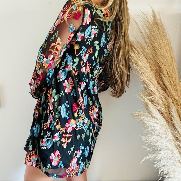 ANTHROPOLOGIE Black Sheer Mesh Floral Embroidery Overlay Sleeve Mini Dress S - Picture 2 of 14